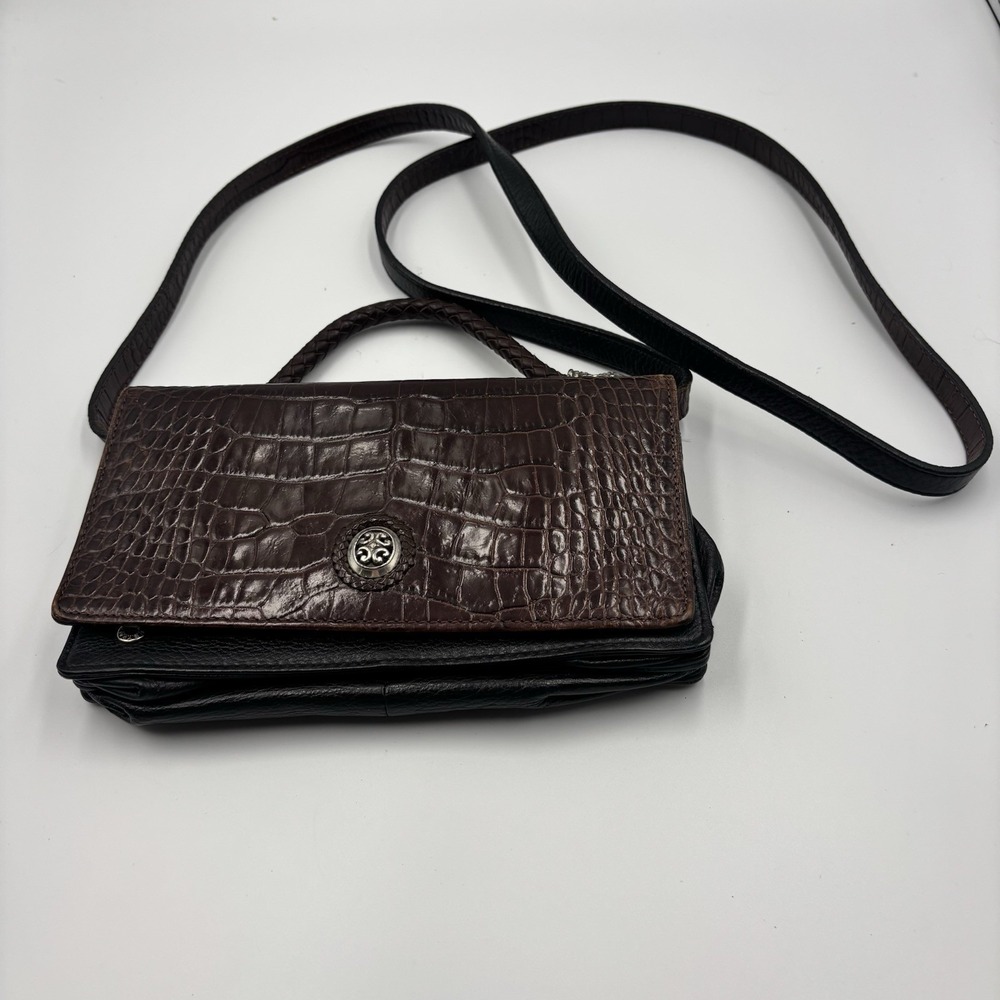 Y2K Brighton Leather Crossbody Purse Croc Embossed Brown Black Shoulder Bag
